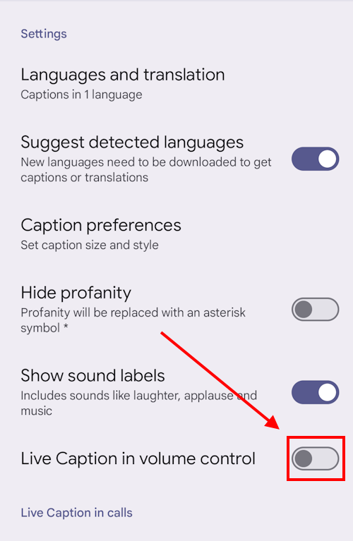 Tap the switch for Live Caption in volume control
